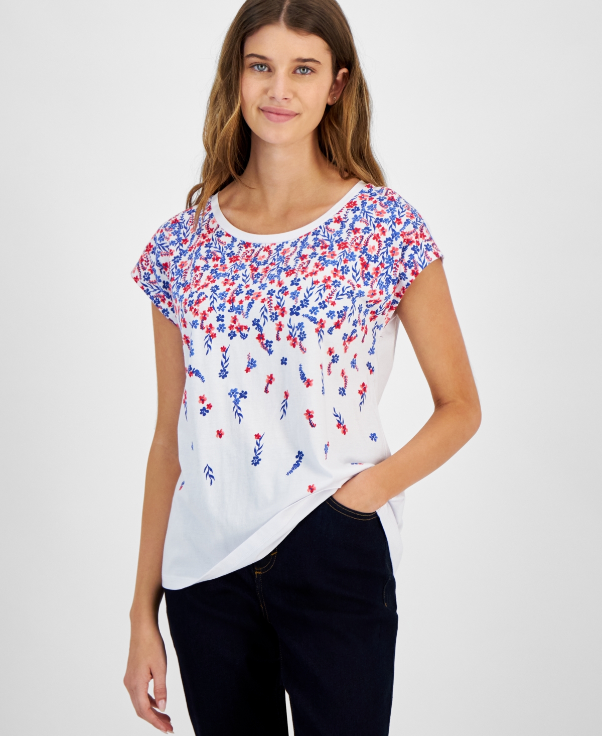 Shop Tommy Hilfiger Women's Floral-print Dolman-sleeve Top In Brght Wht
