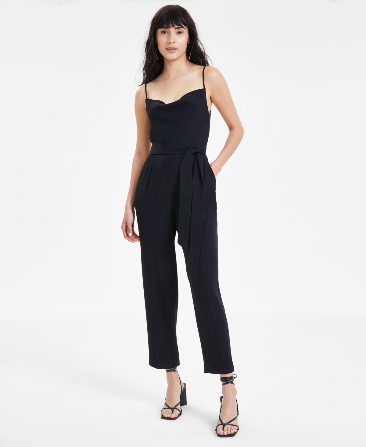 Bar Iii Women's Belted Cowl Neck Jumpsuit, Created For Macy's In Black