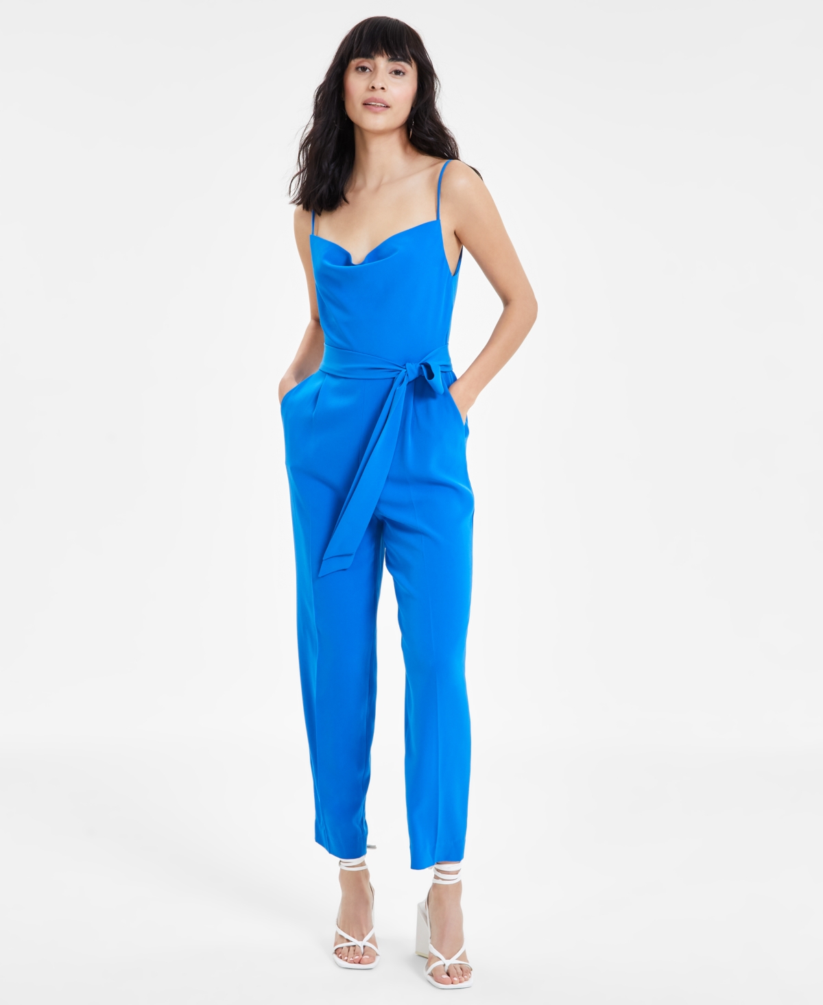 Shop Bar Iii Women's Belted Cowl Neck Jumpsuit, Created For Macy's In French Blue