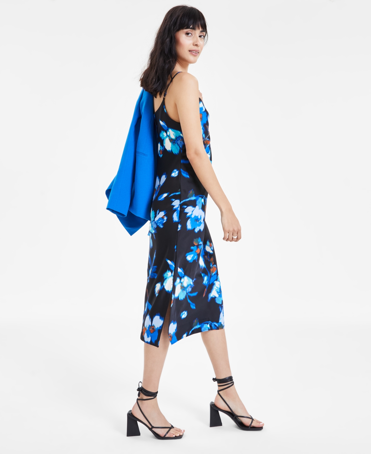 Shop Bar Iii Women's Floral-print Bias-cut Midi Dress, Created For Macy's In Black,french Blue