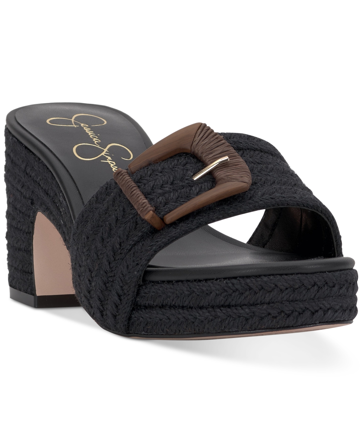 Shop Jessica Simpson Women's Peccio Buckled Platform Block-heel Slide Sandals In Black Raffia
