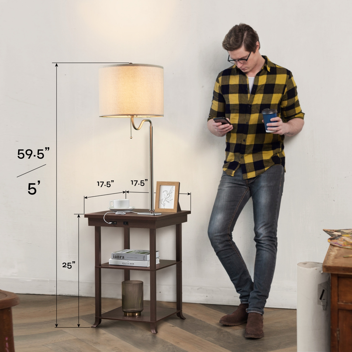 Atamin Ava - Bedside Table with Floor Lamp, Usb and Usb-c Ports, Charging Station