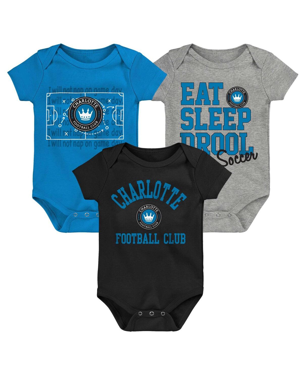 Outerstuff Baby Boys And Girls Blue, Black, Gray Charlotte Fc 3-pack Bodysuit Set In Blue,black,gray