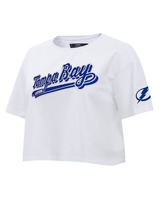 Women's White Tampa Bay Lightning Boxy Script Tail Cropped T-shirt