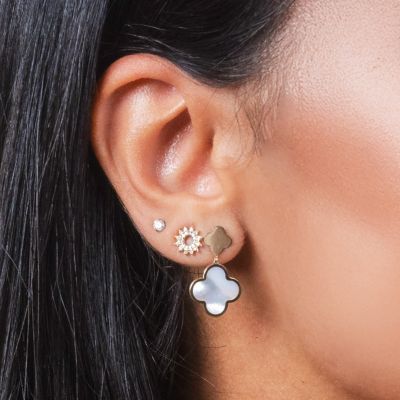 Mother of Pearl and Gold Clover Drop Earrings 14K Gold