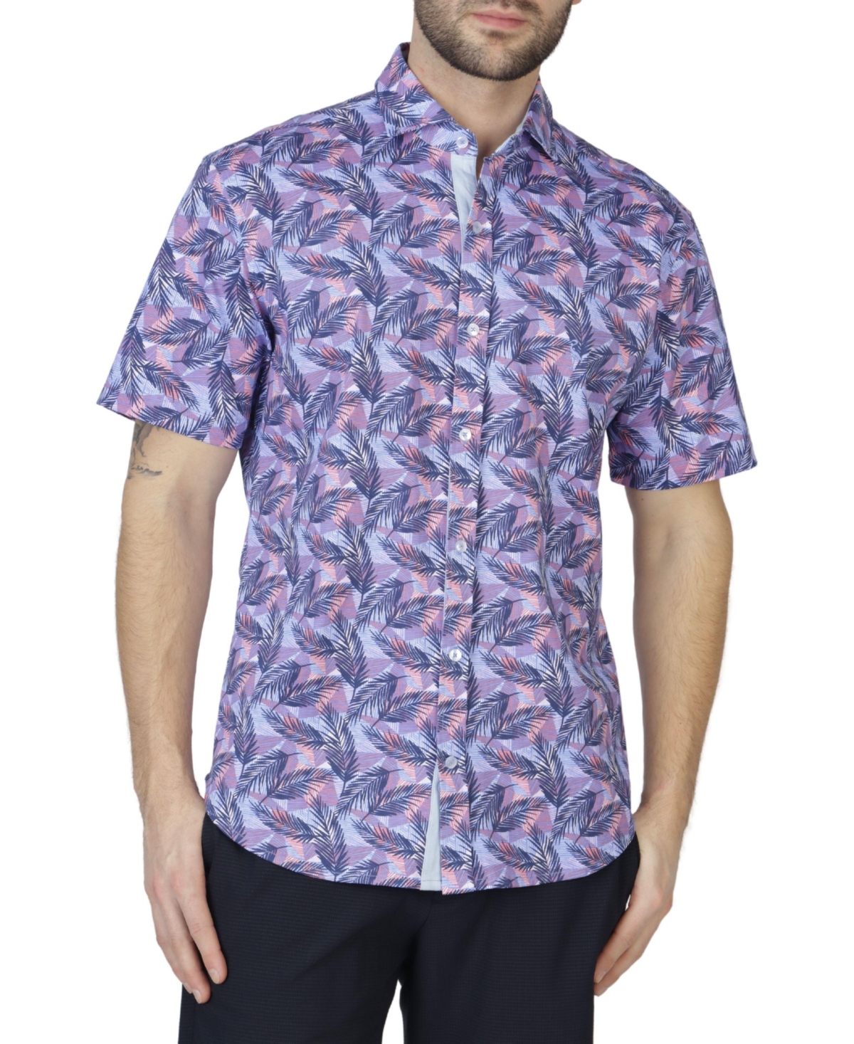 Men's Tropical Leaves Knit Short Sleeve Shirt - Navy
