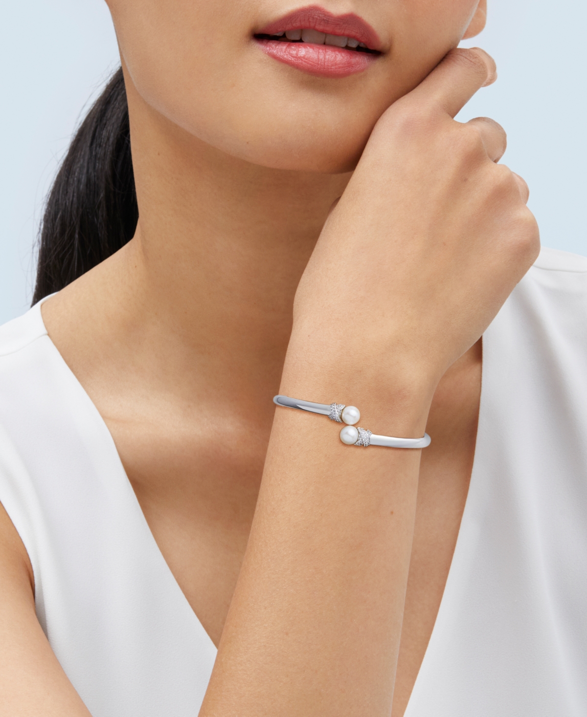 Shop Macy's Cultured Freshwater Pearl (7-1/2mm) & Lab-created White Sapphire (1/4 Ct. T.w.) Bypass Bangle Bracel In Silver