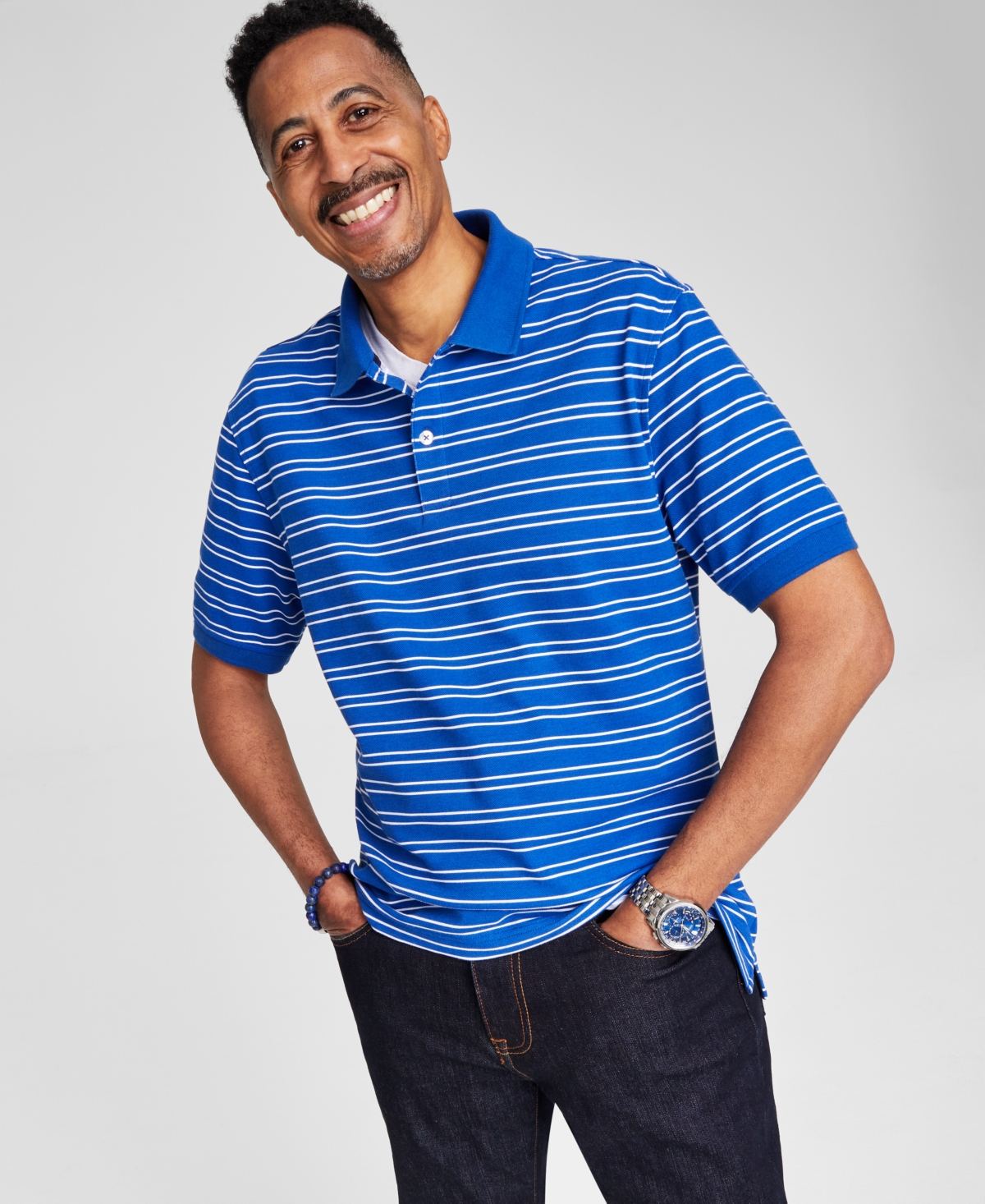 Men's Striped Short-Sleeve Polo Shirt, Created for Macy's - Royal Blue