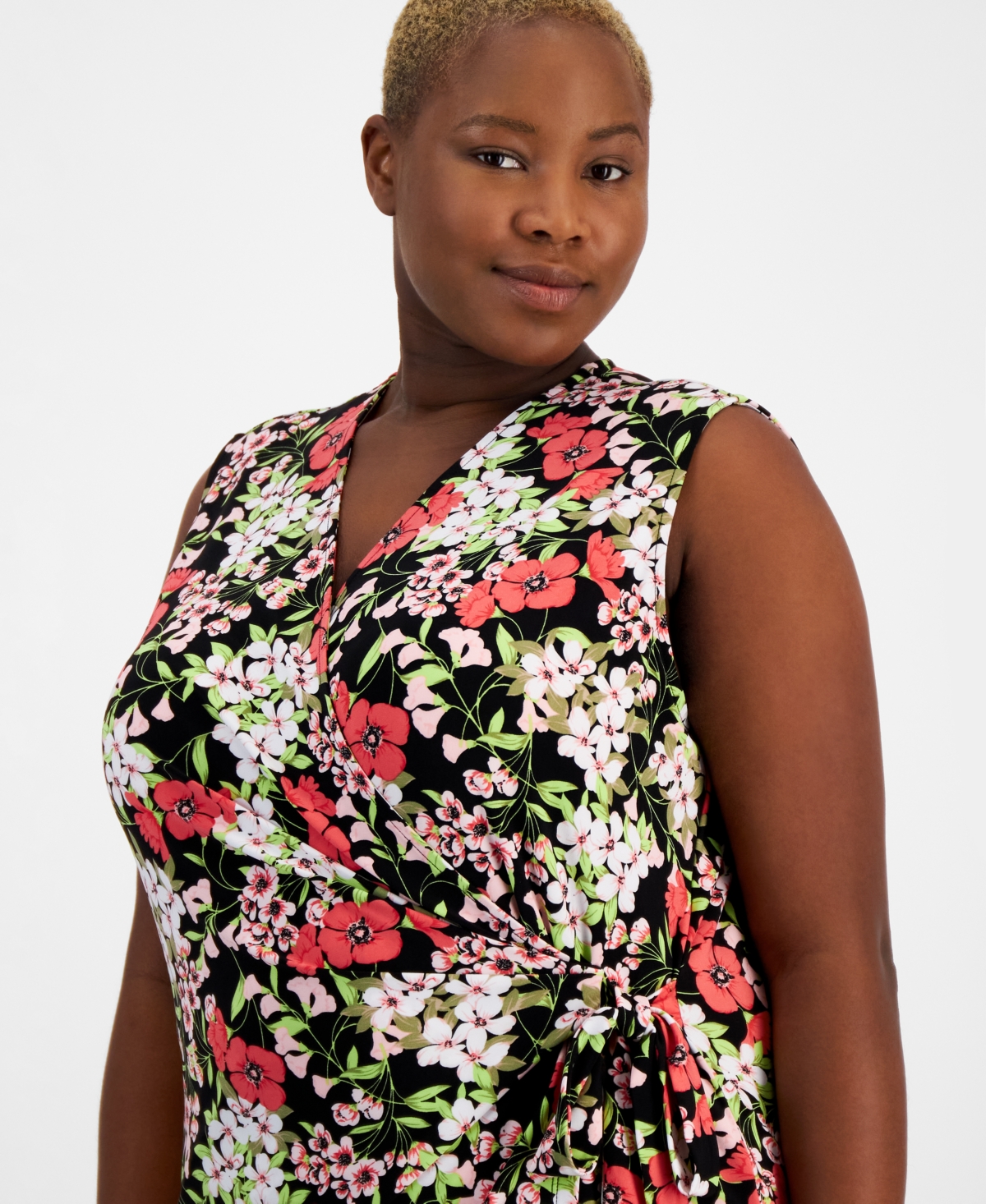 Anne Klein Plus size Printed Faux-Wrap Sleeveless Top, Created for Macy's -Red Pear