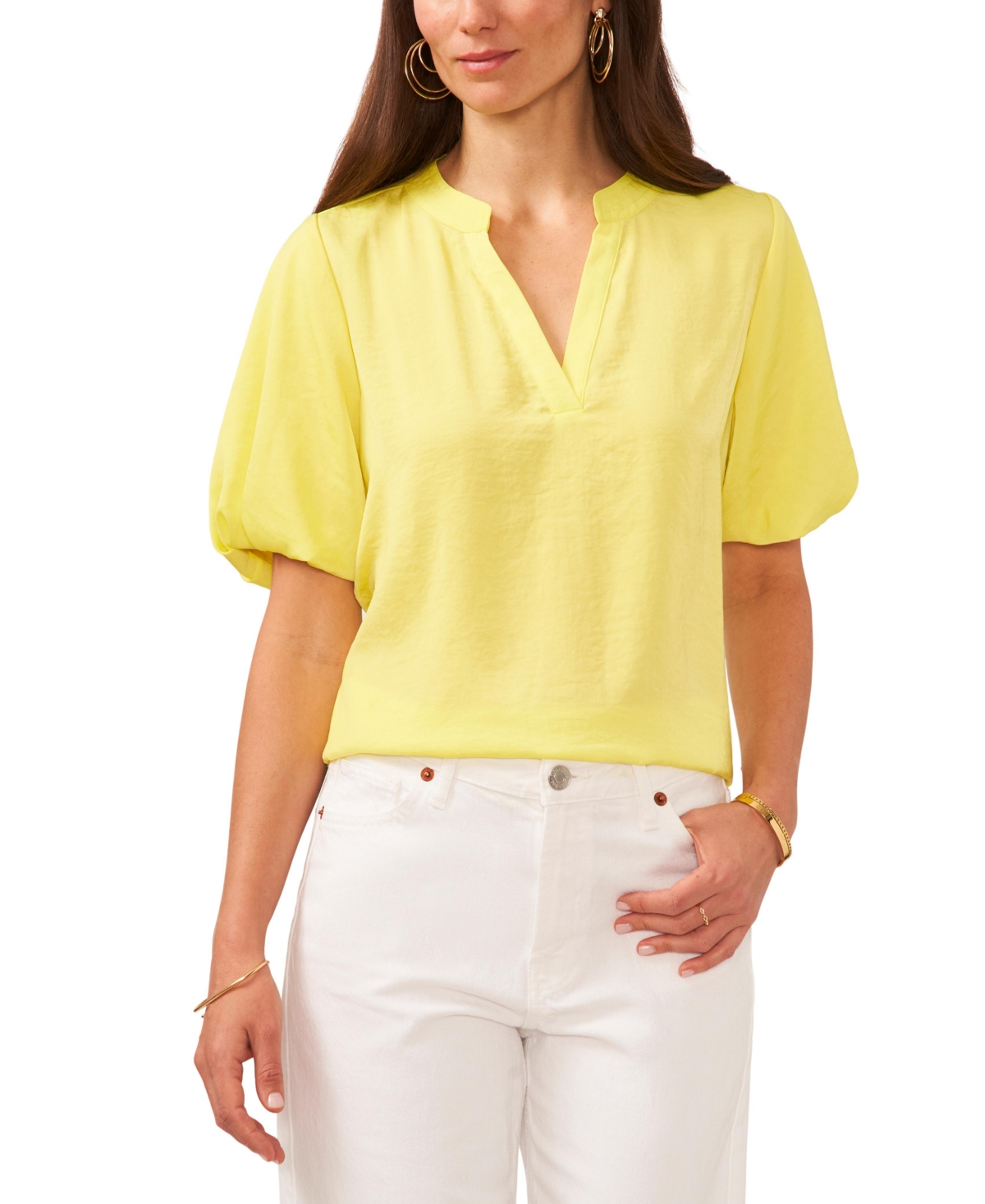 Women's V-Neck Short Puff Sleeve Blouse - Bright Lemon