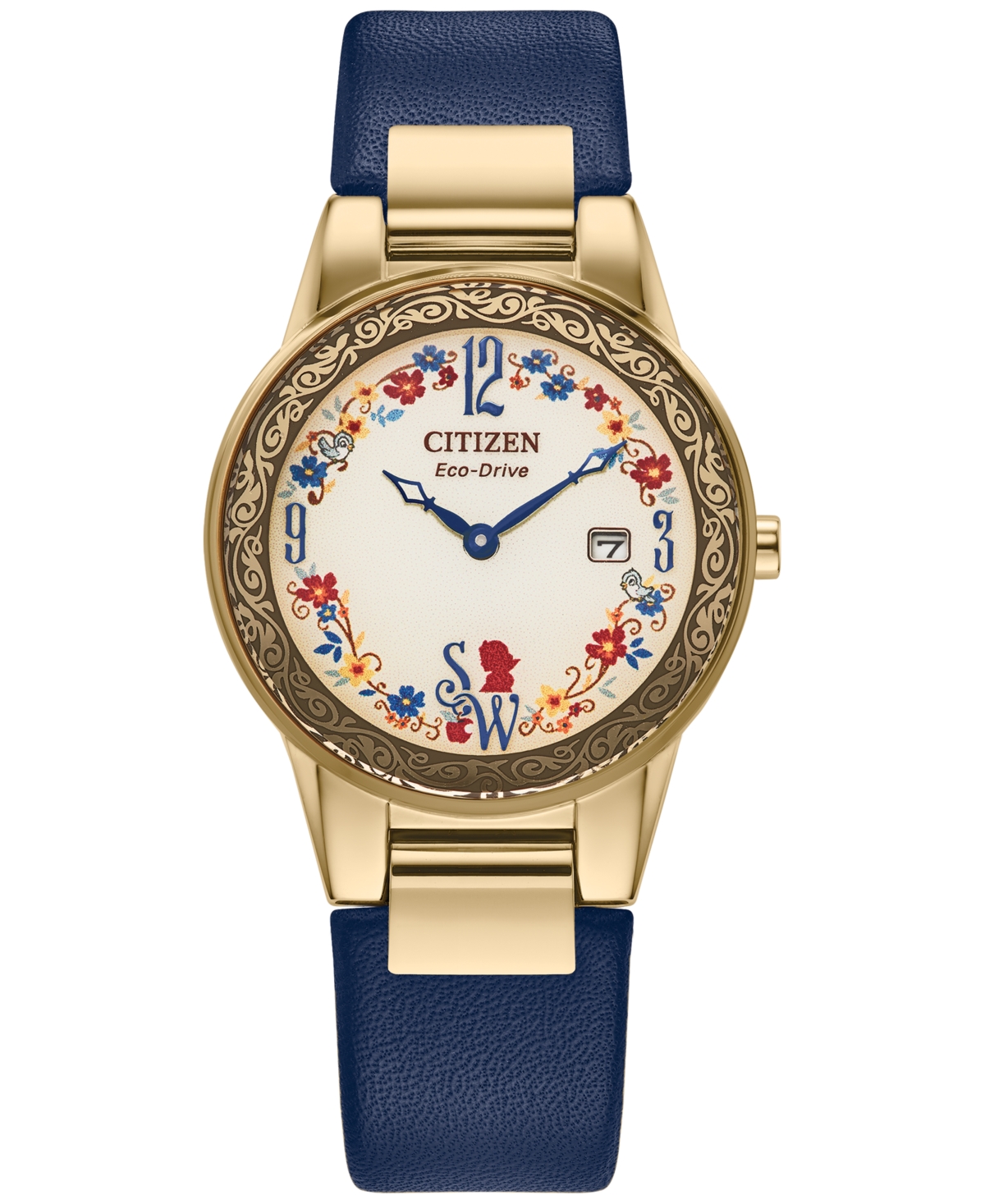 Citizen Eco-drive Women's Disney Snow White Blue Leather Strap Watch 30mm Gift Set In Gold