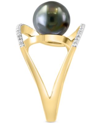 EFFY&reg; Black Tahitian Pearl (8mm) & Diamond (1/6 ct. t.w.) Abstract Openwork Statement Ring in 14k Gold