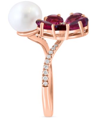 EFFY&reg; Freshwater Pearl (8mm), Pink Tourmaline (5-1/2 ct. t.w.) & Diamond (1/8 ct. t.w.) Flower Bypass Ring in 14k Rose Gold