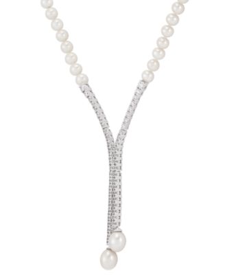 Cultured Freshwater Pearl (5mm & 10 x 8mm) & Cubic Zirconia Lariat Necklace in Sterling Silver, Created for Macy's
