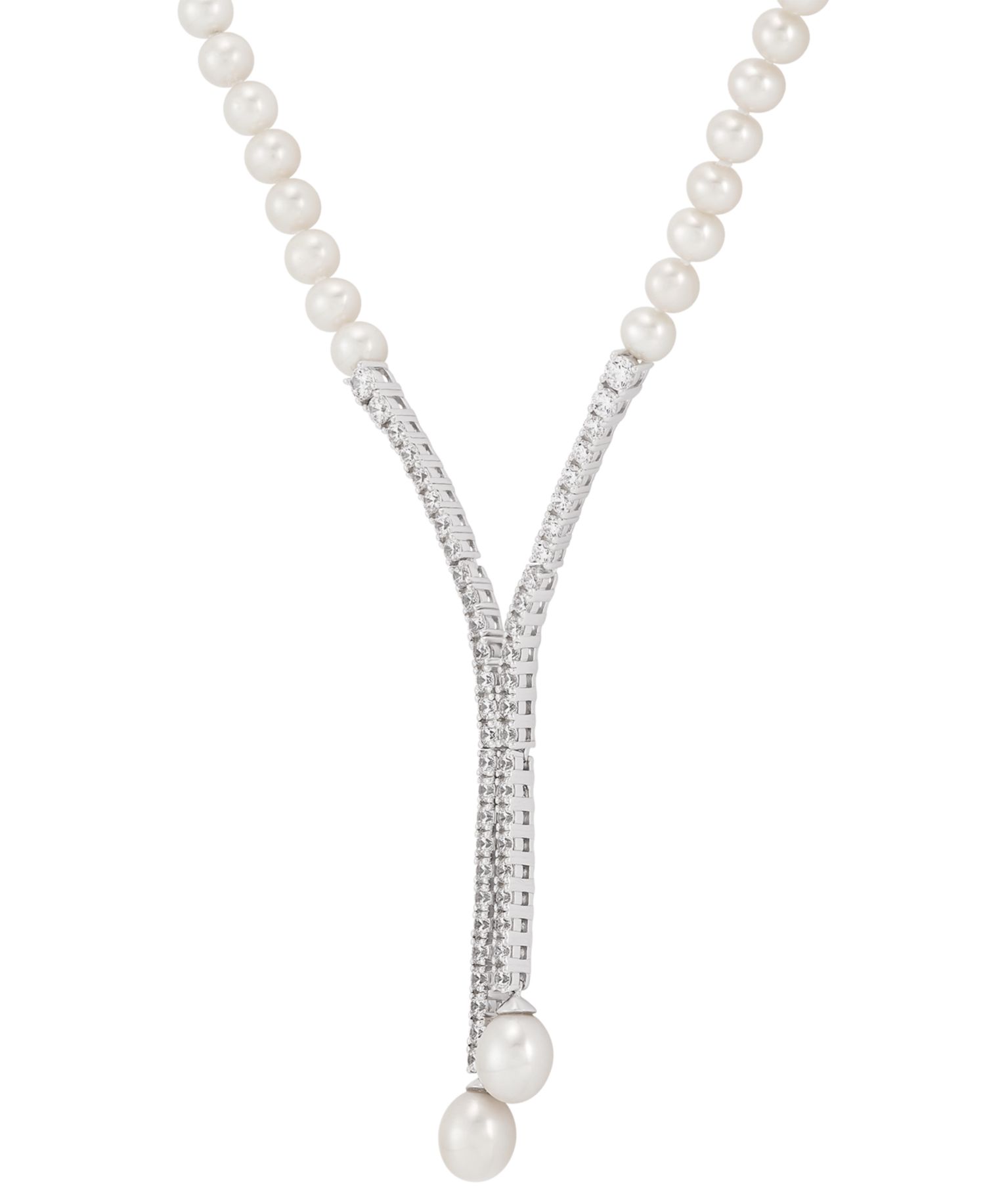 Cultured Freshwater Pearl (5mm & 10 x 8mm) & Cubic Zirconia Lariat Necklace in Sterling Silver