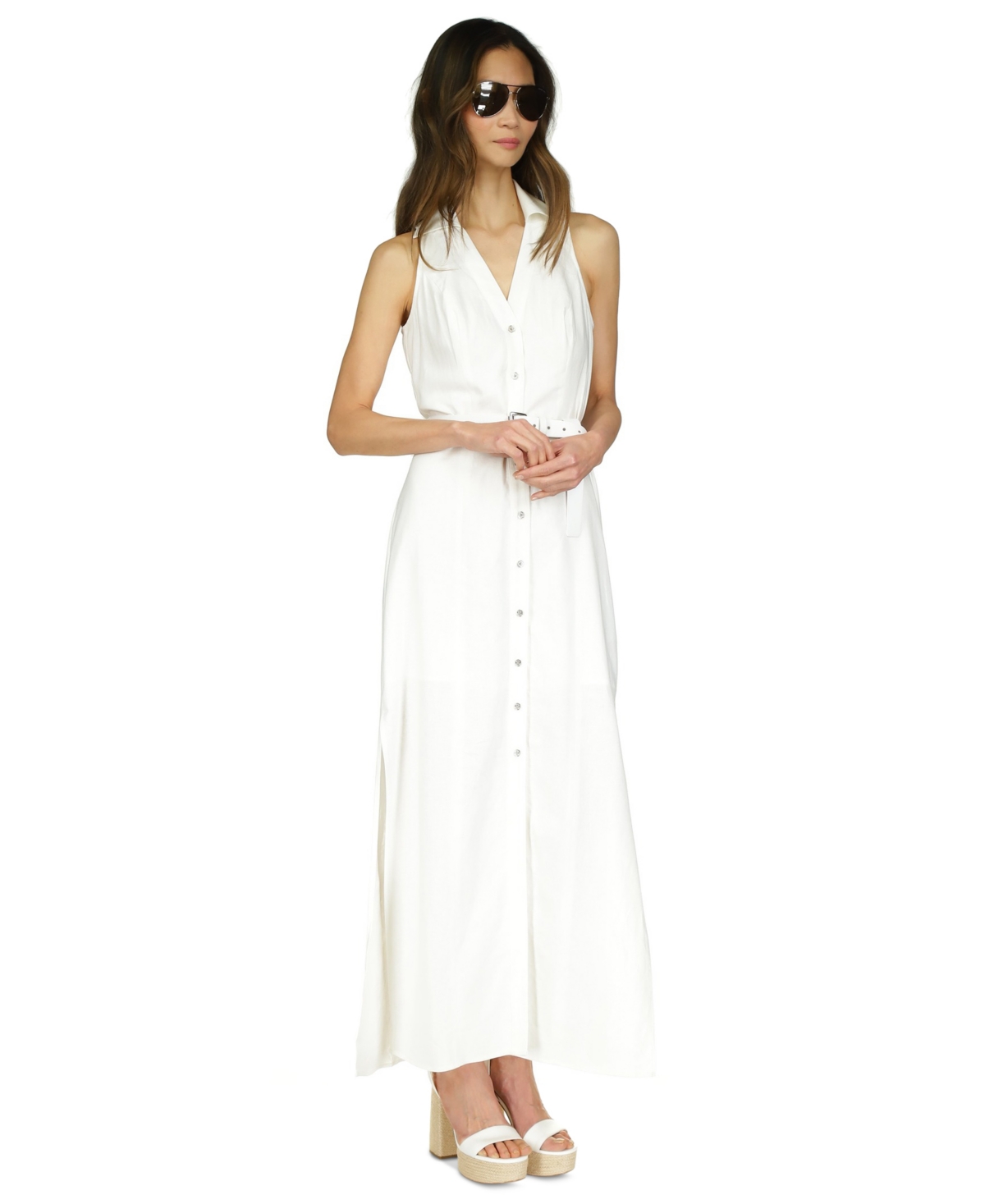 Shop Michael Kors Michael  Petite Belted Button-down Linen Maxi Dress In White