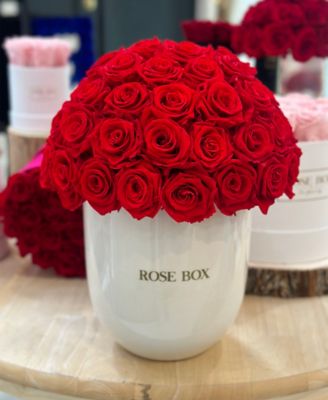 Half Ball of Red Flame Long Lasting Preserved Real Roses in Premium Ceramic Vase, 50-55 Roses