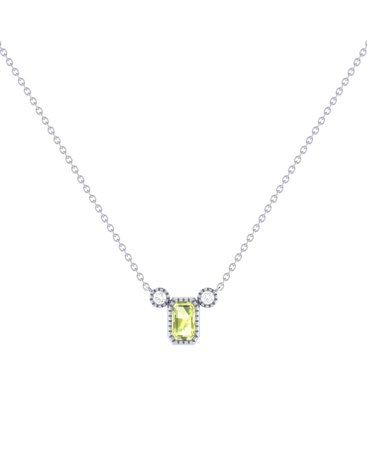 Emerald Cut Peridot Gemstone, Natural Diamond 14K White Gold Birthstone Necklace - Silver