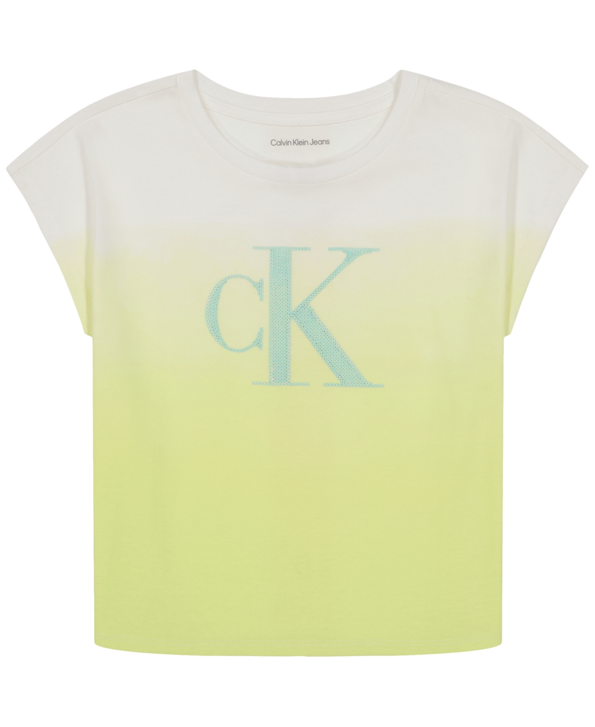 Shop Calvin Klein Big Girls Ombre Dolman-sleeve Sequin Logo T-shirt In Sunny Lime
