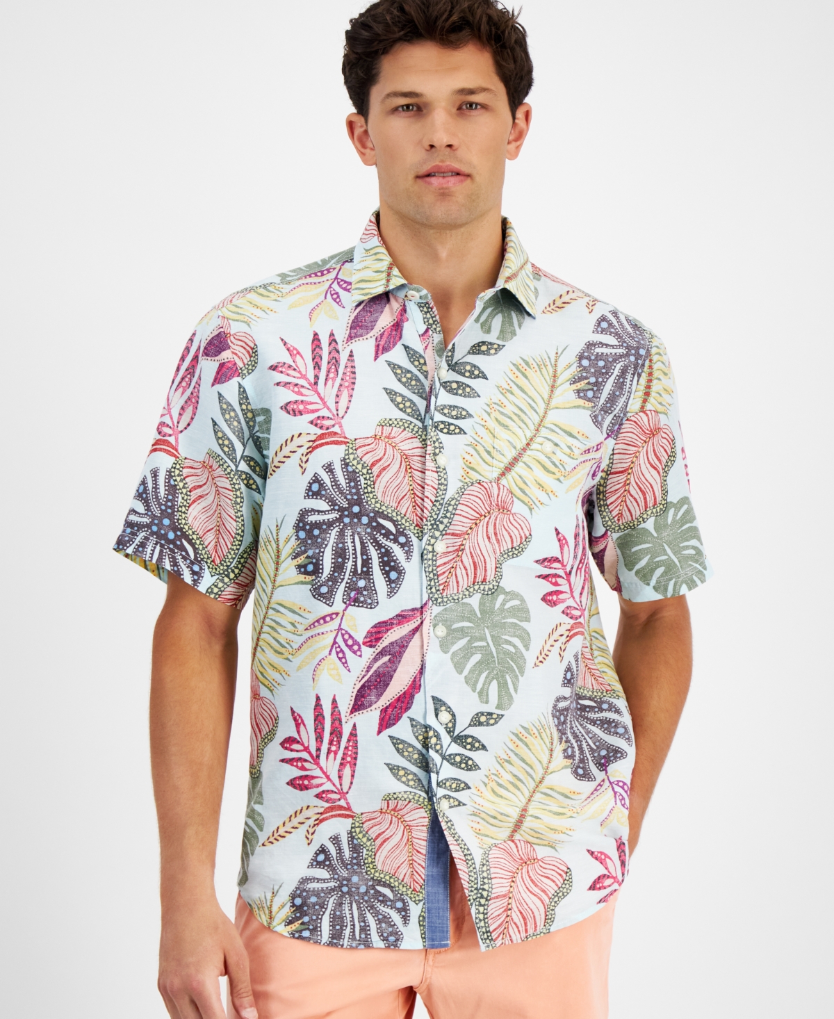 Men's Sand Linen Retro Vines Short Sleeve Printed Shirt - Aqua Aloha