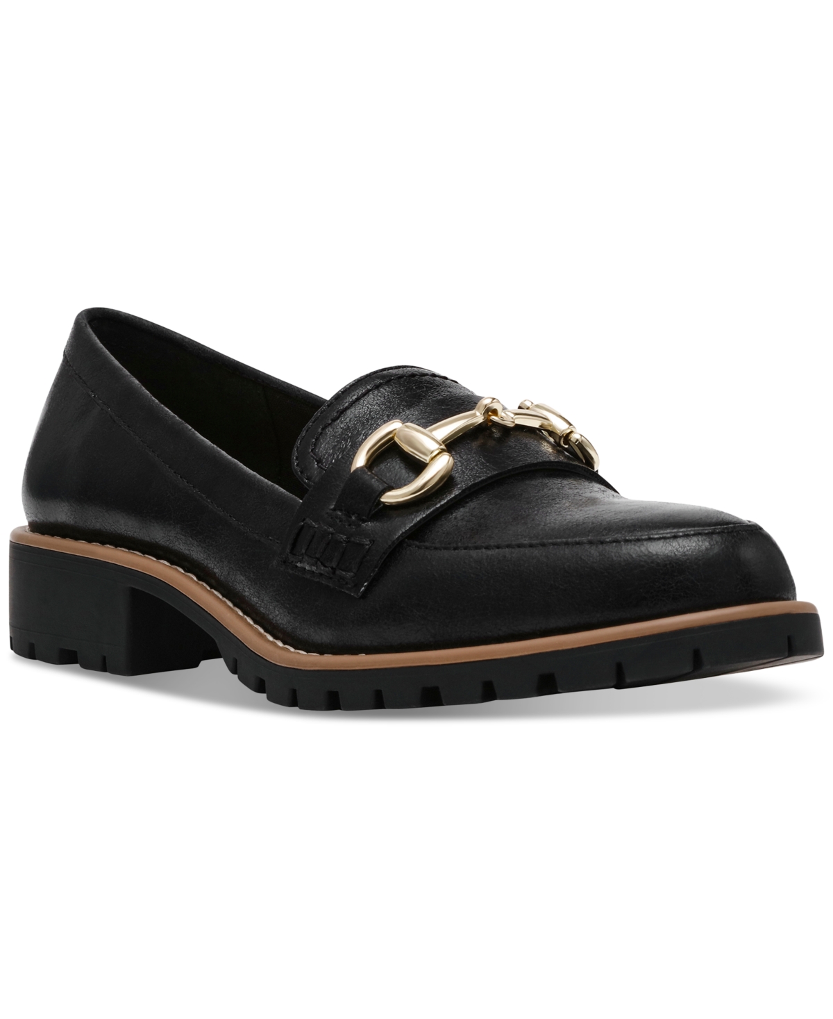 Dv Dolce Vita Women's Celeste Tailored Hardware Chain Lug Sole Loafers In Black Shiny Crinkle