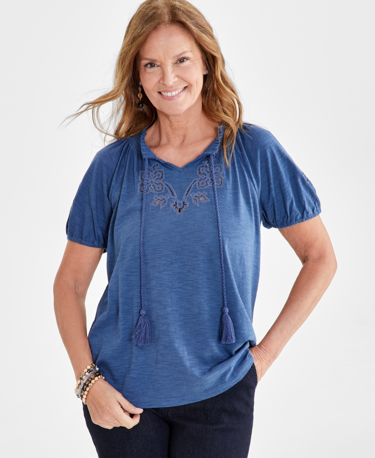 Petite Sandy Embroidery Vacay Top, Created for Macy's - Sandy Fuchsia