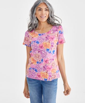 売れ筋商品|||スタイルアンドコー カットソー トップス レディース Women's Cotton Short-Sleeve Scoop-Neck Top, PXS-4X, Created for Macy's Deep Black Women's Cotton Crop Tops Short Sleeve Scoop Neck Stretchy