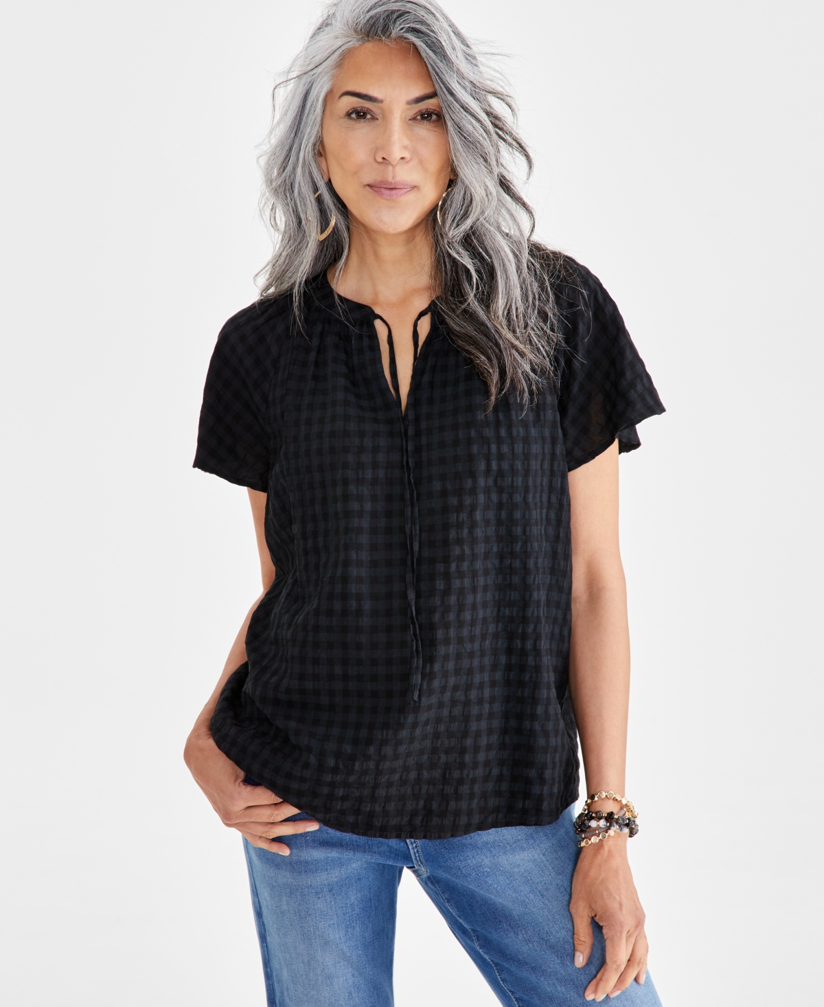Shop Style & Co Women's Seersucker Split-neck Flutter Sleeve Top, Created For Macy's In Deep Black