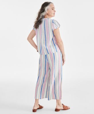 Shop Style & Co Style Co Womens Sandy Stripe Flutter Sleeve Top Cropped Drawstring Pants Created For Macys In Multi Stripe