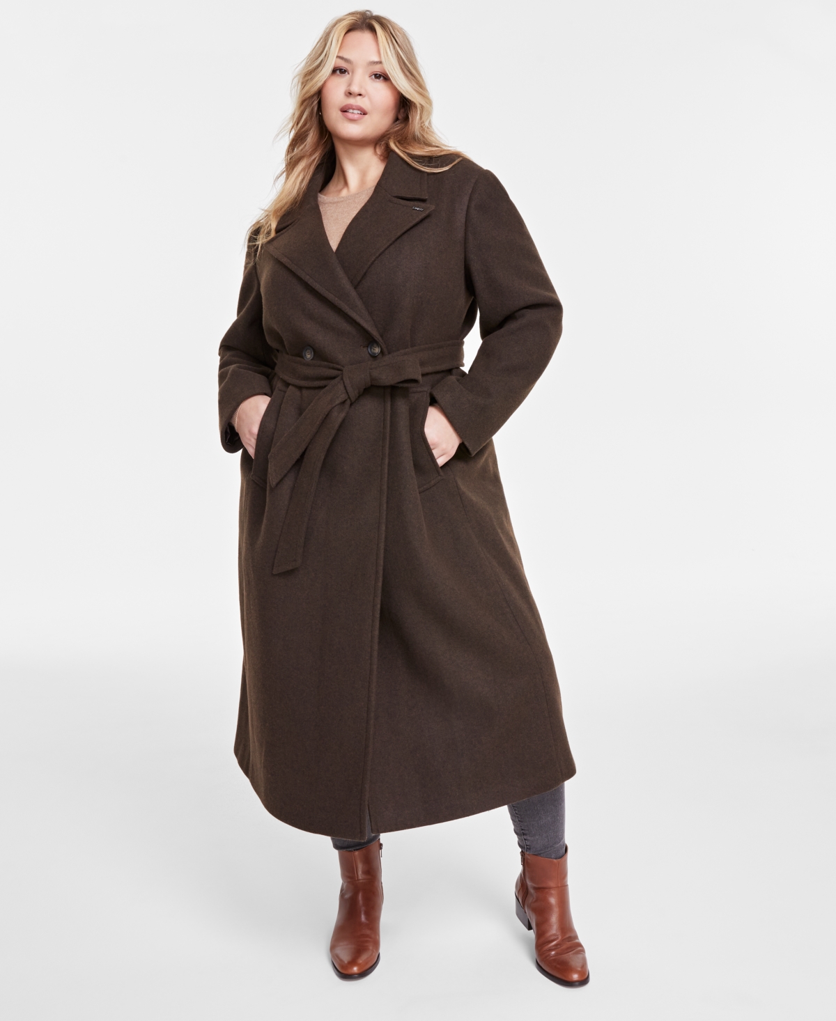 Shop Dkny Plus Size Notched-collar Double-breasted Wrap Coat In Chocolate Melange
