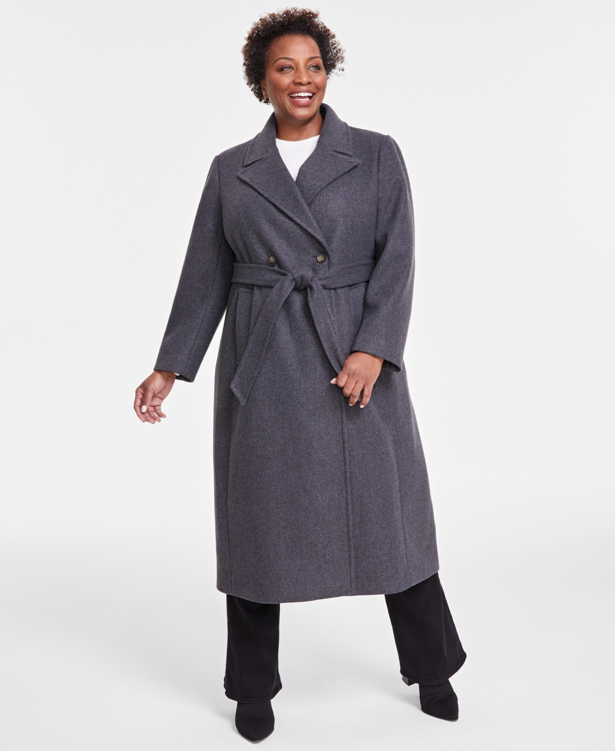 Shop Dkny Plus Size Notched-collar Double-breasted Wrap Coat In Med Grey