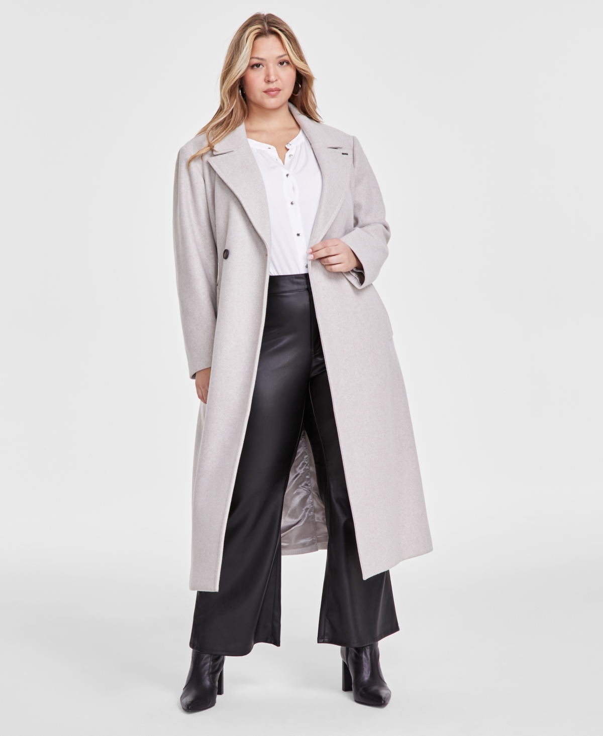 Shop Dkny Plus Size Notched-collar Double-breasted Wrap Coat In Oyster Melange