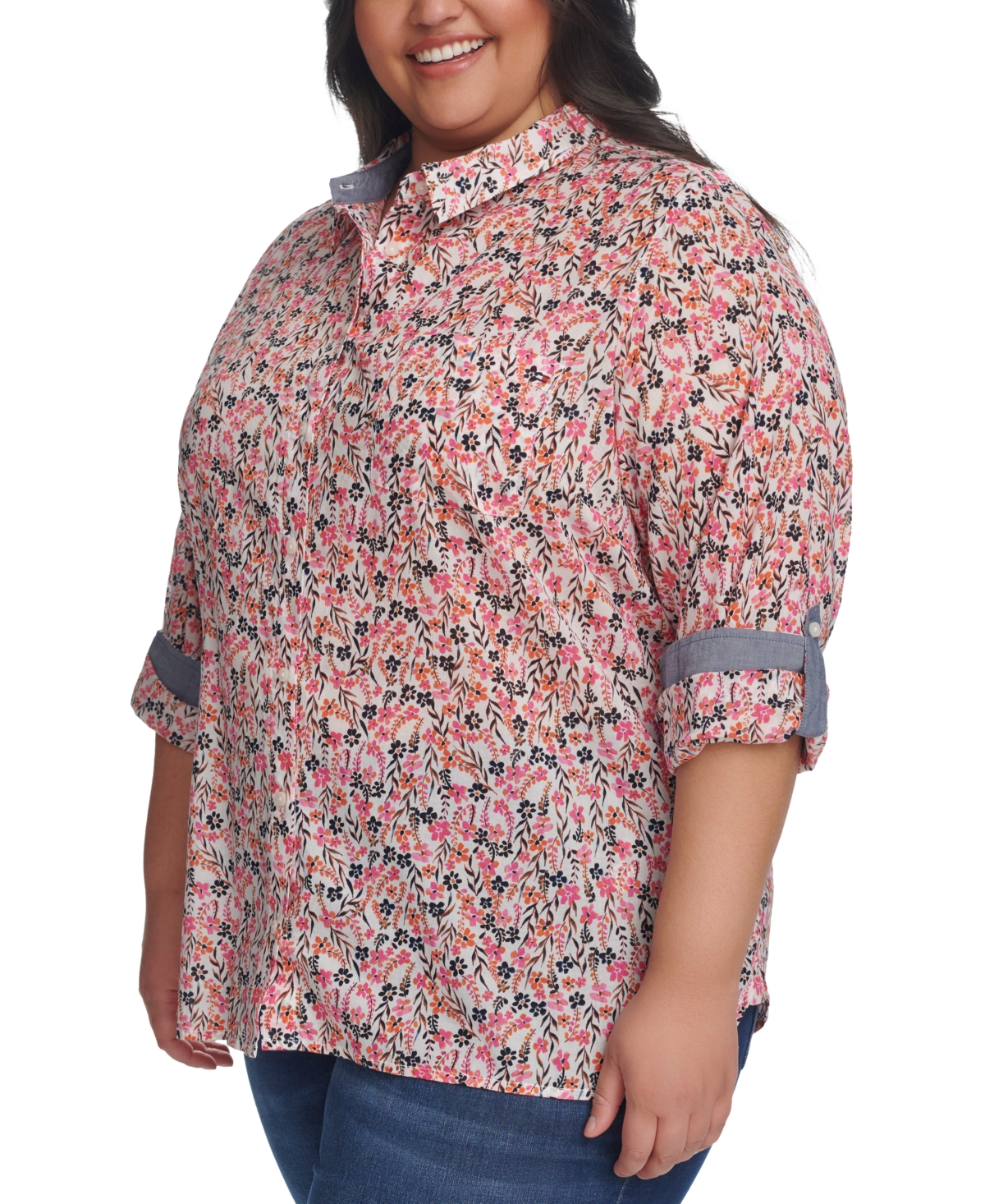 Shop Tommy Hilfiger Plus Size Floral Roll-tab Button-up Shirt In Bright White,dahlia