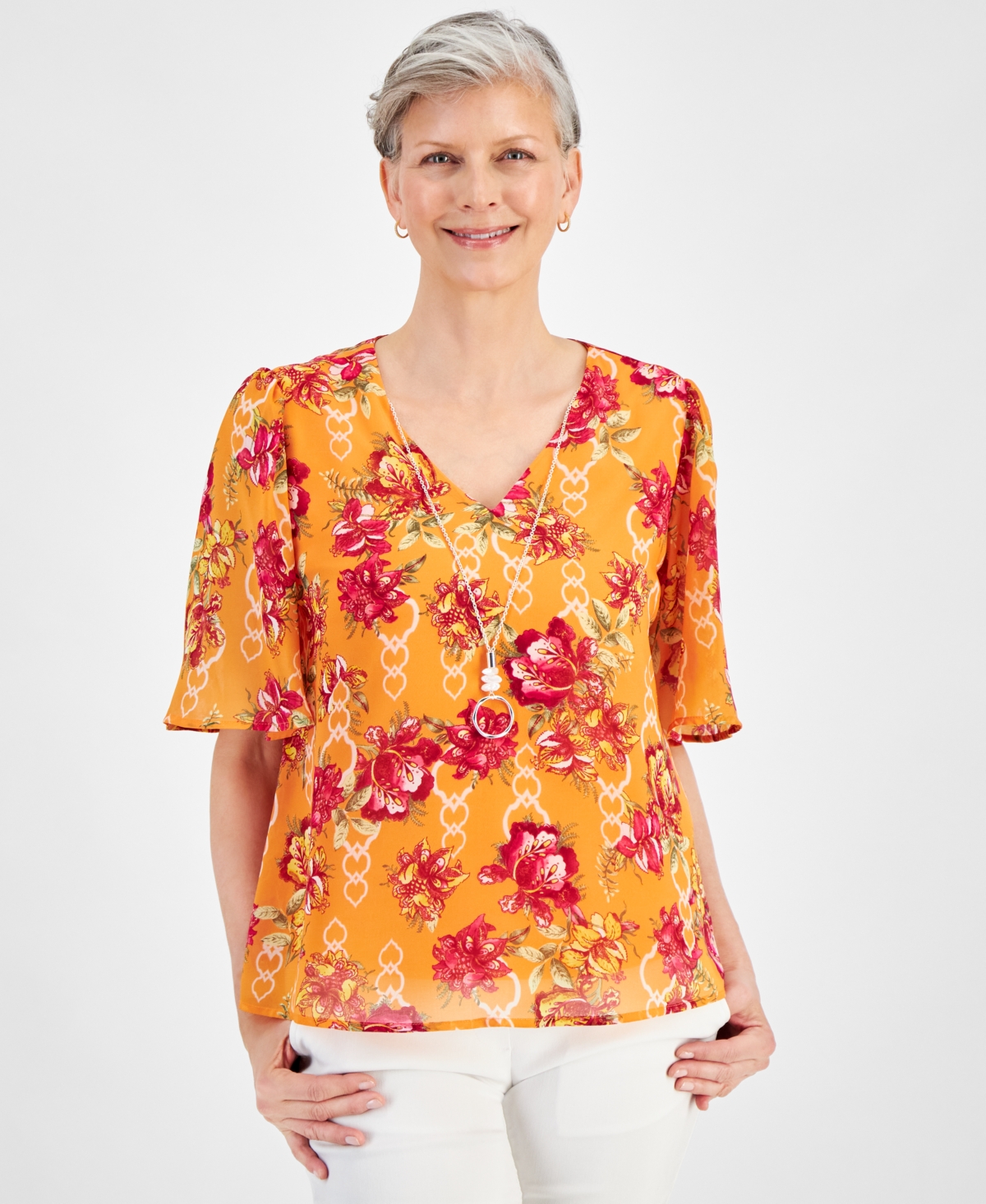 Women's Printed Elbow-Sleeve Necklace Top, Created for Macy's - Santa Fe Sun Combo