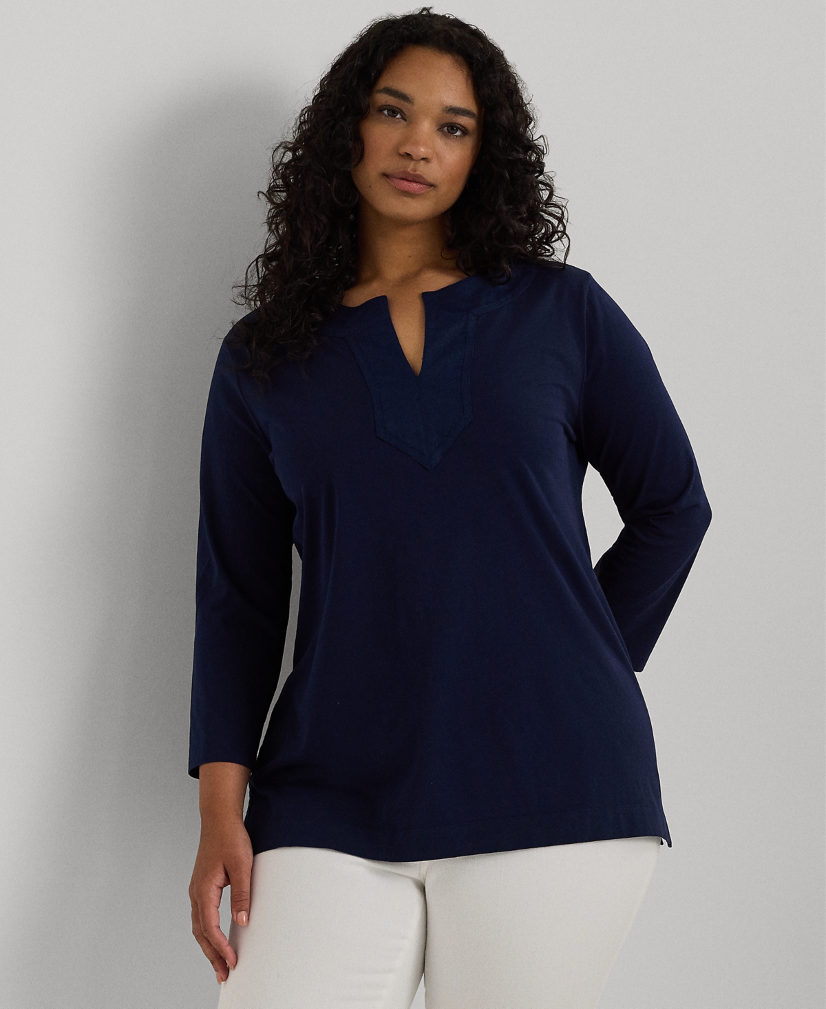 Lauren Ralph Lauren Women's Plus Size Split-neck Three-quarter Sleeve Cotton Tunic In Blue