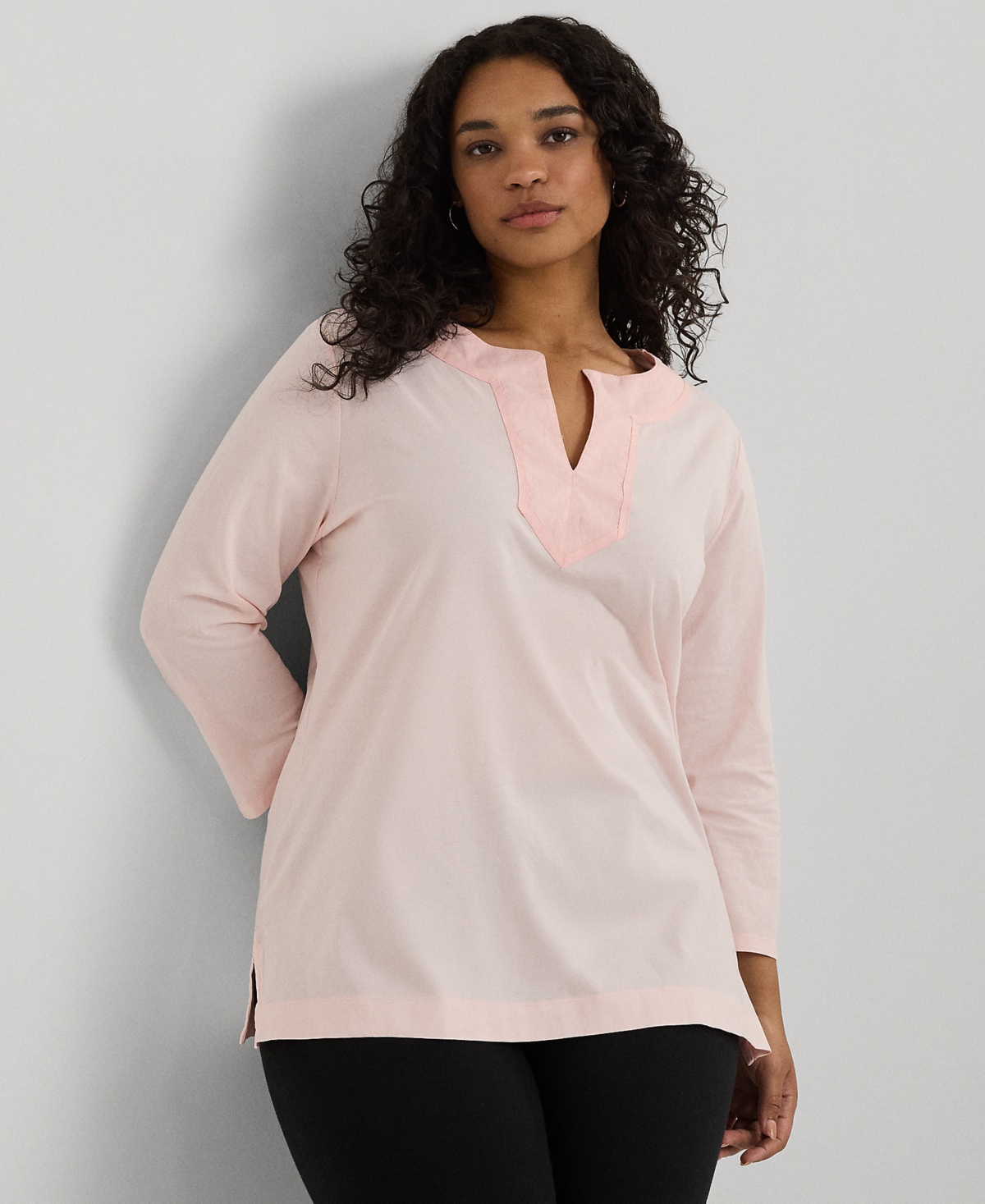 Lauren Ralph Lauren Women's Plus Size Split-neck Three-quarter Sleeve Cotton Tunic In Pink