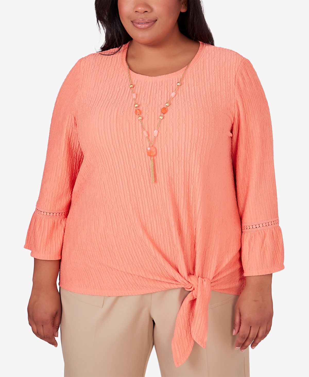 Plus Size Tuscan Sunset Solid Texture Top with Side Tie - Papaya