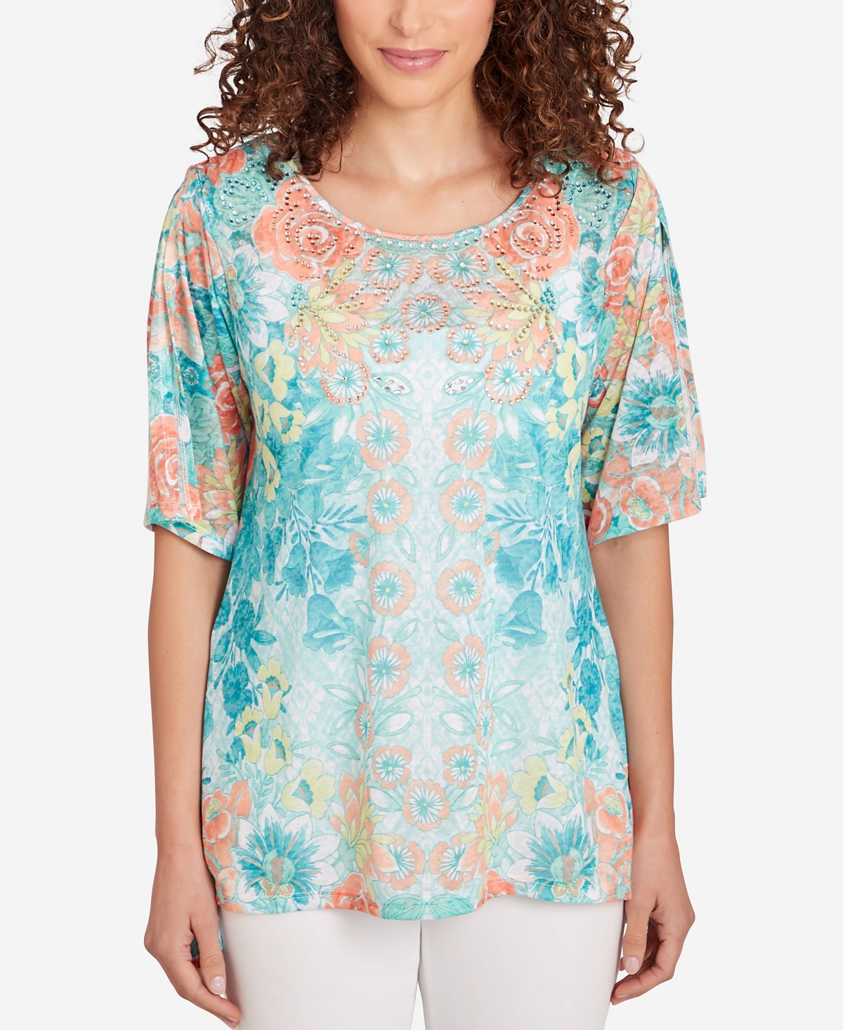 Petite Embroidered Floral Top - Clear Blue Multi