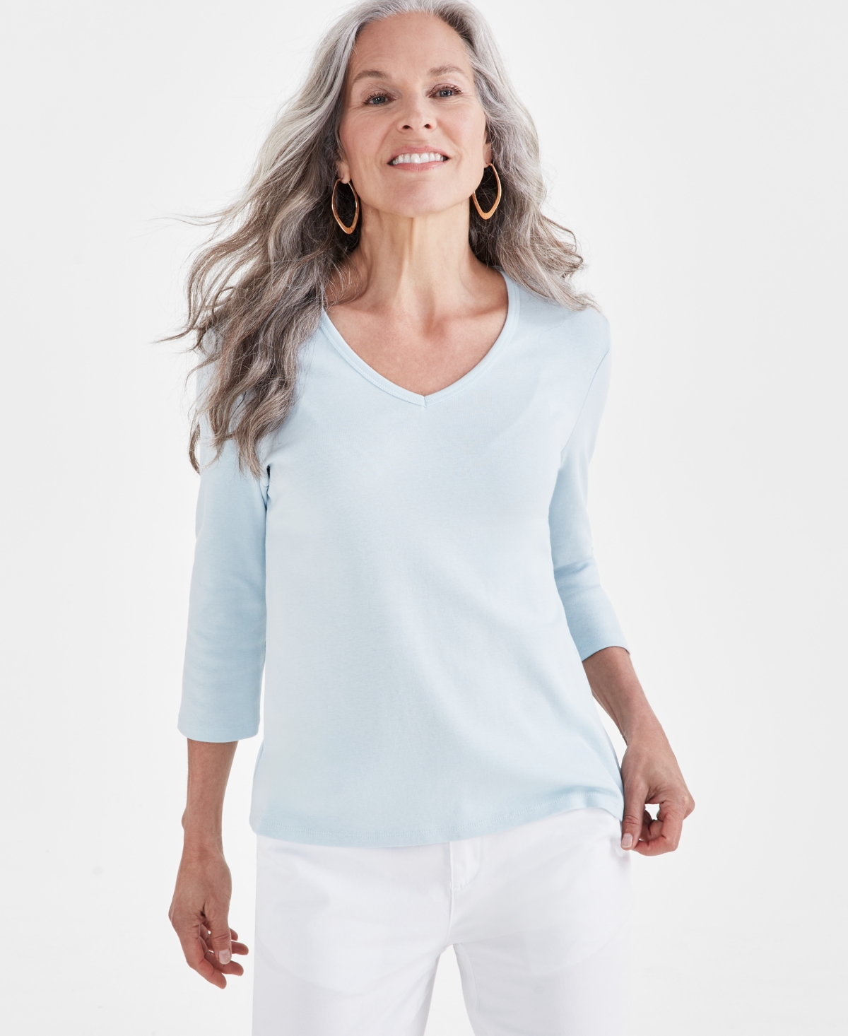 Style & Co Plus Size Cotton V-Neck 3/4-Sleeve Top, Created for Macy's