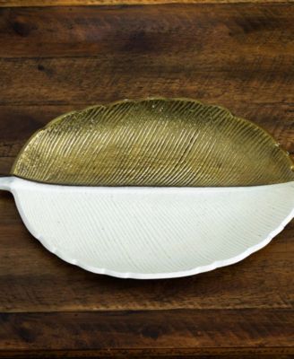 14in. Gold and White Leaf Decorative Accent Tray