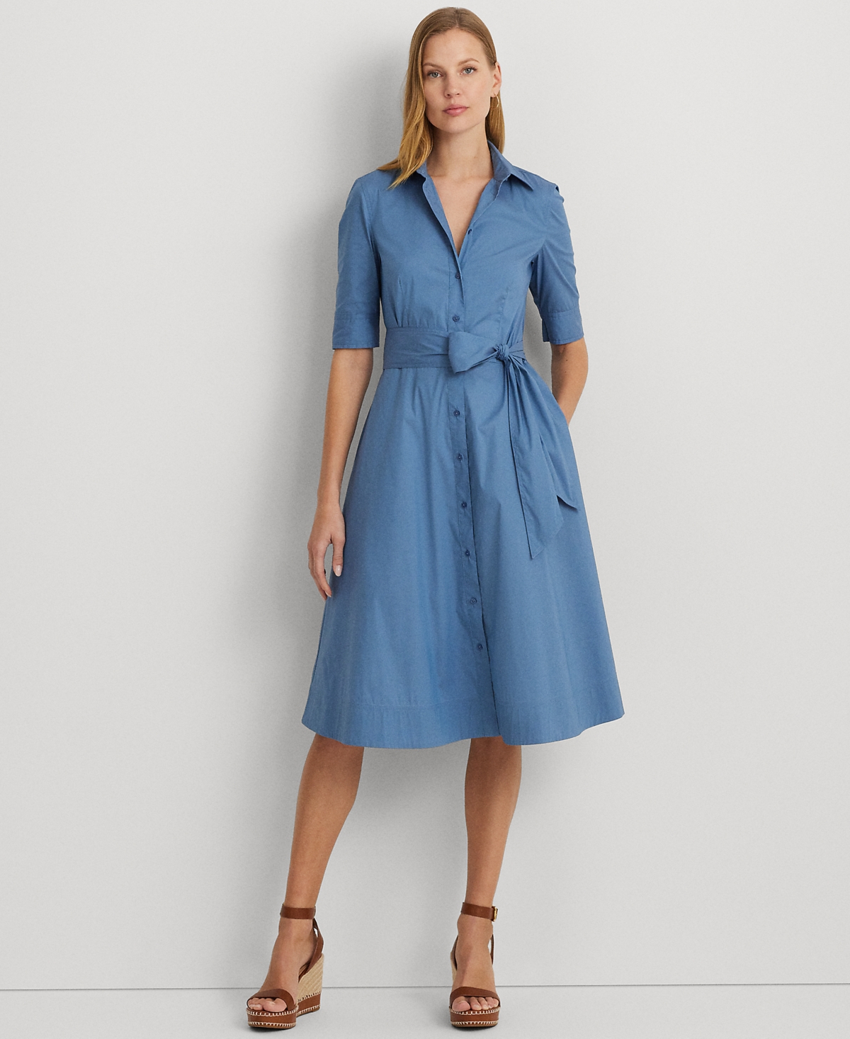 Shop Lauren Ralph Lauren Petite Belted Fit & Flare Shirtdress In Pale Azure