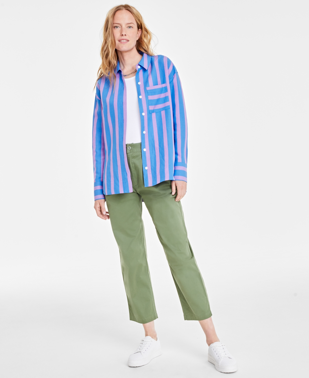 Shop On 34th Women's Wide Stripe Linen Relaxed-fit Shirt, Created For Macy's In Regatta Pink Combo
