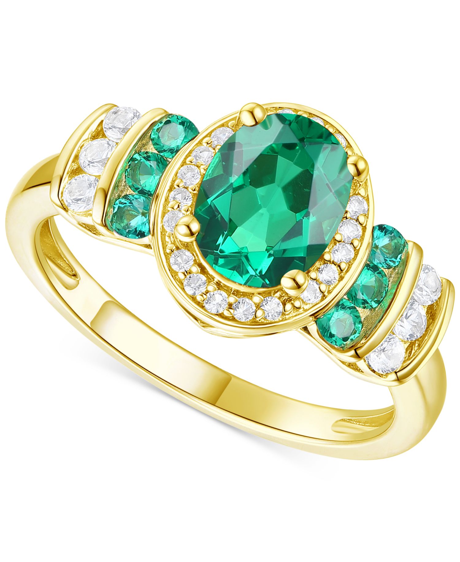 Lab-Grown Emerald (1-1/6 ct. t.w.) & Lab-Grown White Sapphire (1/4 ct. t.w.) Oval Halo Ring in 14k Gold-Plated Sterling Silver (Also in Additional Gemstones)