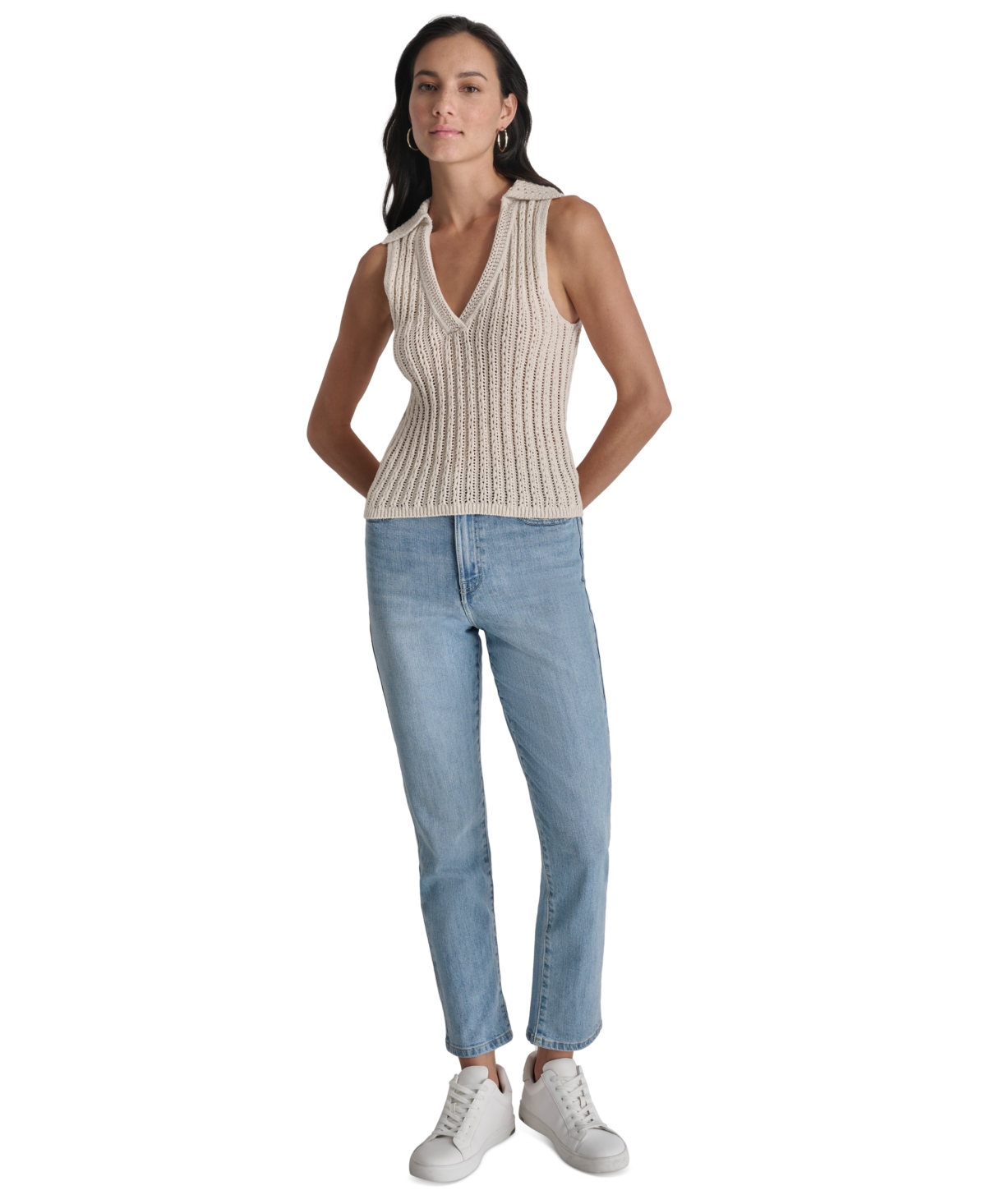 Dkny Jeans Women's Lacey Stitch Collared Sleeveless Sweater