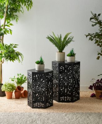 Multi-Functional Set of 2 Black Iron Cutout Floral  Garden Stools or Planter Stand