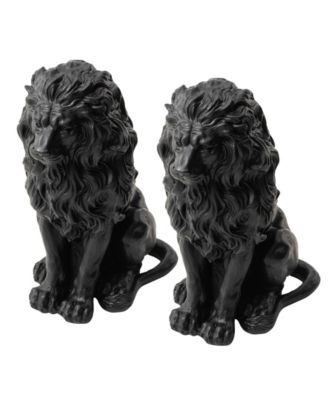 Set of 2 Black Sitting Lion Garden Statue