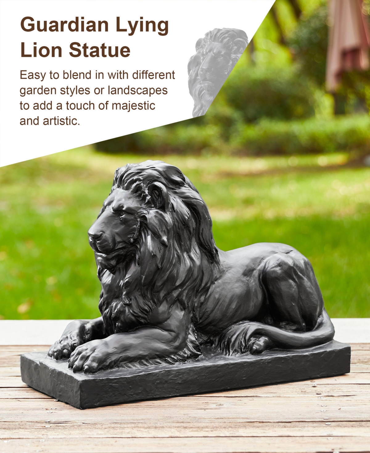 Glitzhome Set of 2 Black Lying Lion Garden Statue