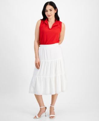 Shop Ak Anne Klein Petite Collared Top Tiered Midi Skirt In Poppy