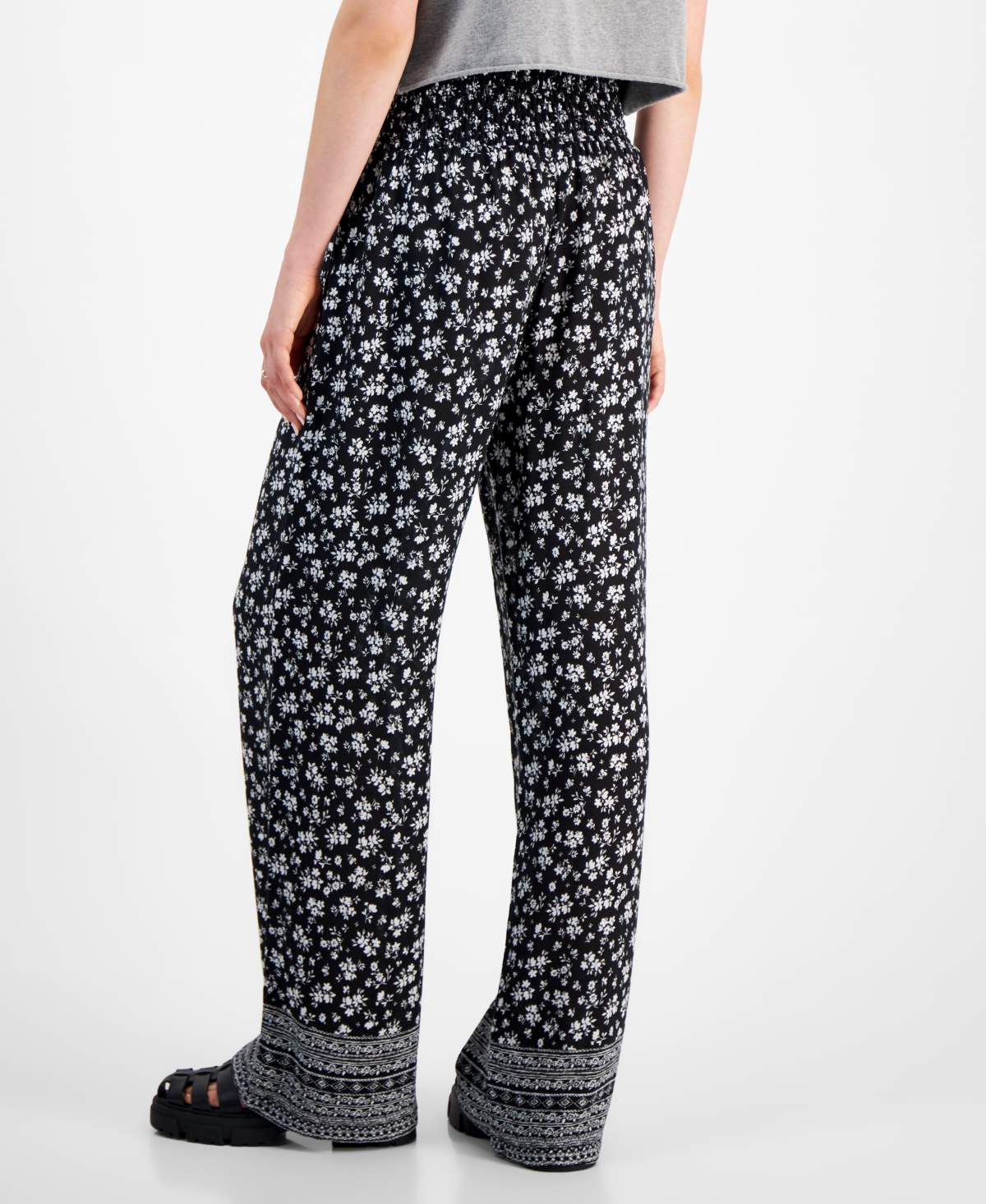 Shop Kingston Grey Juniors' Printed Smocked-waist Wide-leg Pants In Black,ivory