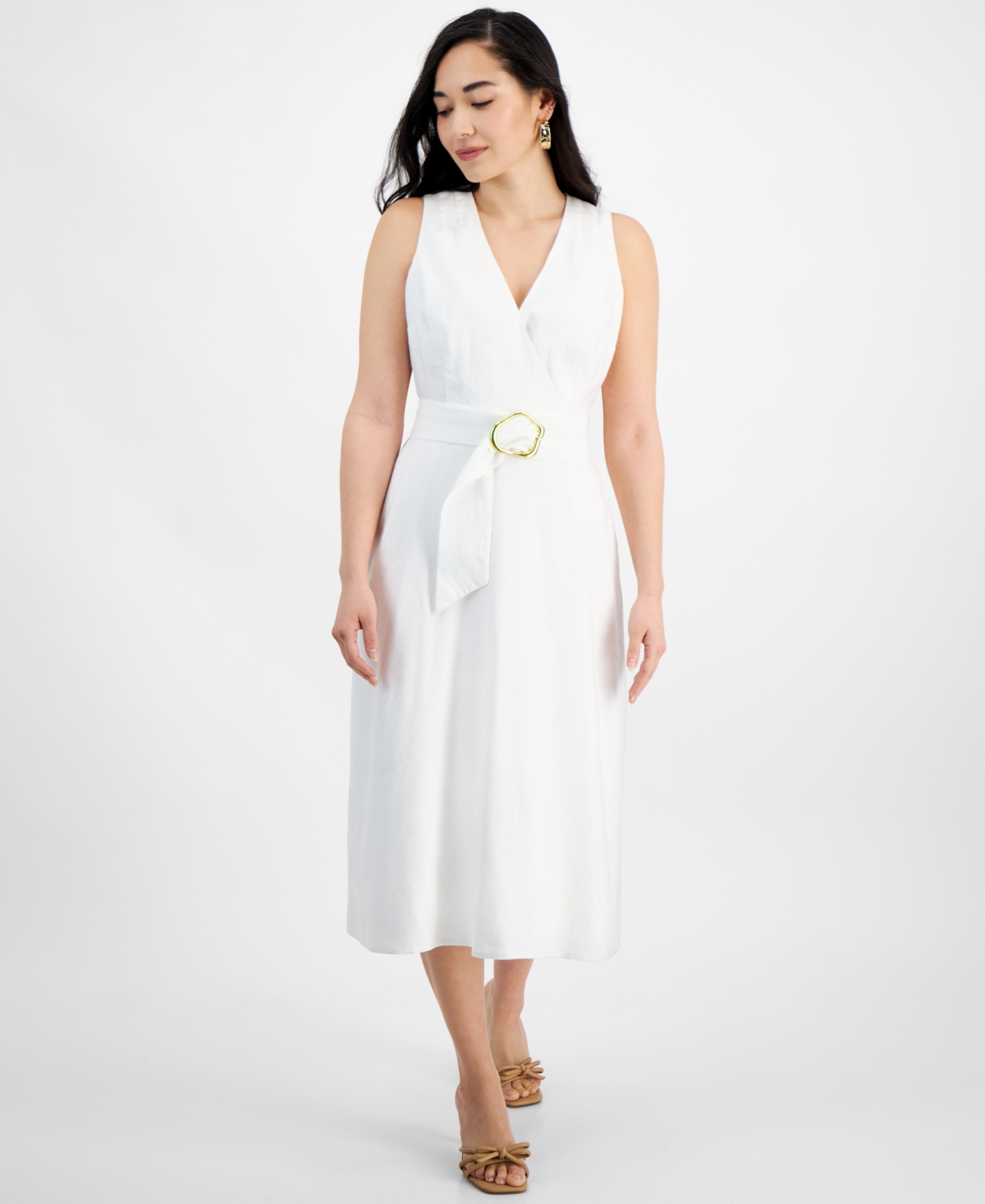Petite Linen-Blend Belted Midi Dress, Created for Macy's - Bright White